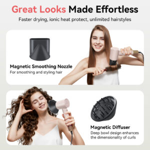 high speed hair dryer with diffuser for curly hair 110000 rpm brushless motor negative ionic blow dryer, fast drying low damage no heat burn for natural curls, pink
