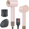 high speed hair dryer with diffuser for curly hair 110000 rpm brushless motor negative ionic blow dryer, fast drying low damage no heat burn for natural curls, pink